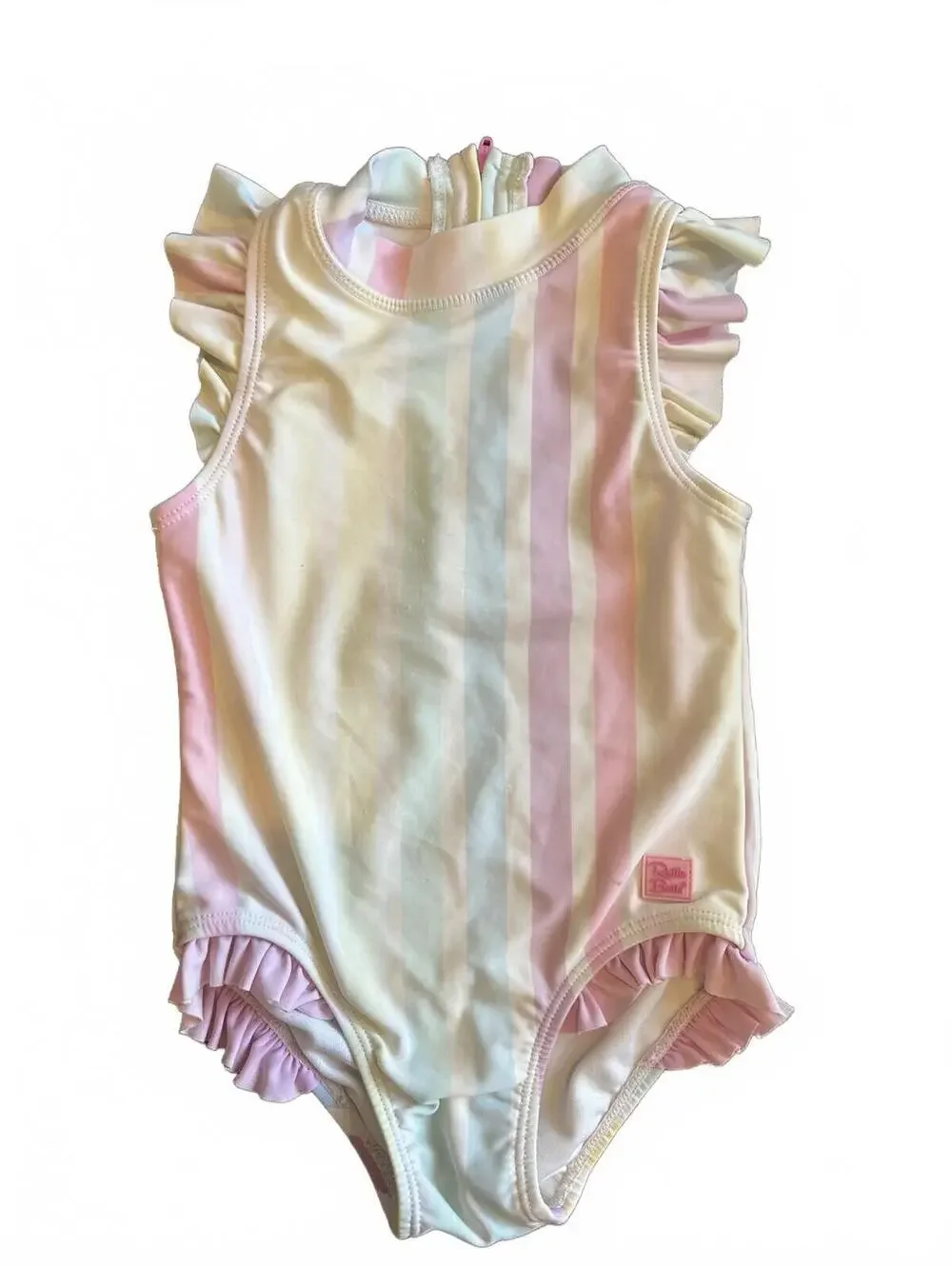 RuffleButts 2T Pastel Stripe Ruffle Sleeve Swimsuit - Picture 1 of 3